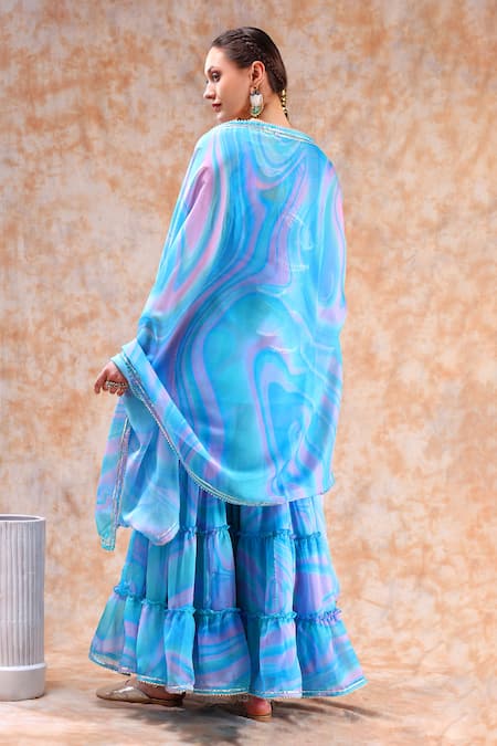 Shop Pomcha Jaipur Blue Organza Gota Patti, Cut Work Square Neck Marble Print Kurta Sharara Set at Aza Fashions Shop_Pomcha Jaipur_Blue Organza Gota Patti, Cut Work Square Neck Marble Print Kurta Sharara Set _at_Aza_Fashions