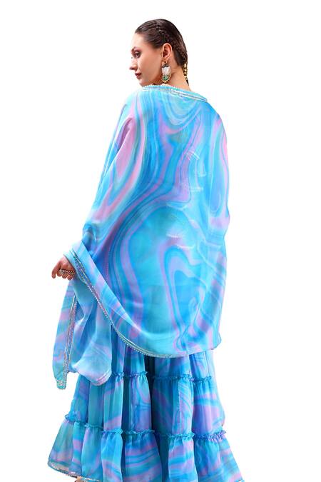Pomcha Jaipur Blue Organza Gota Patti, Cut Work Square Neck Marble Print Kurta Sharara Set Online at Aza Fashions Pomcha Jaipur_Blue Organza Gota Patti, Cut Work Square Neck Marble Print Kurta Sharara Set _Online_at_Aza_Fashions