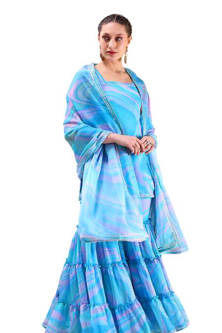 Buy Pomcha Jaipur Blue Organza Gota Patti, Cut Work Square Neck Marble Print Kurta Sharara Set Online at Aza Fashions Buy_Pomcha Jaipur_Blue Organza Gota Patti, Cut Work Square Neck Marble Print Kurta Sharara Set _Online_at_Aza_Fashions