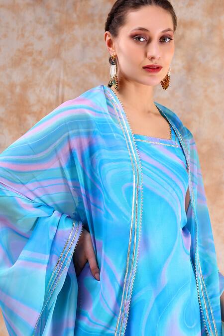 Shop_Pomcha Jaipur_Blue Organza Gota Patti, Cut Work Square Neck Marble Print Kurta Sharara Set _Online_at_Aza_Fashions