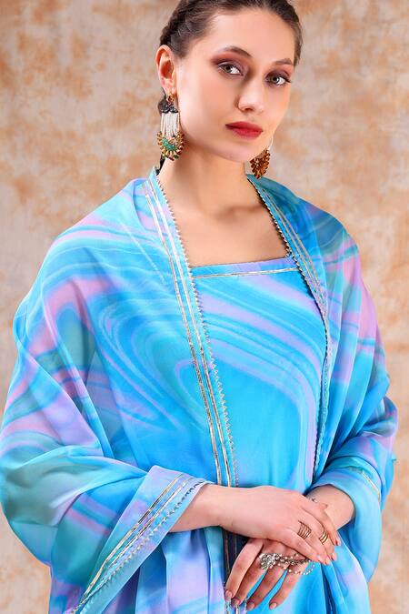 Pomcha Jaipur_Blue Organza Gota Patti, Cut Work Square Neck Marble Print Kurta Sharara Set _at_Aza_Fashions