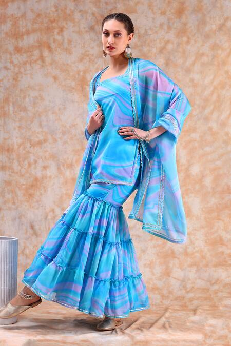 Buy_Pomcha Jaipur_Blue Organza Gota Patti, Cut Work Square Neck Marble Print Kurta Sharara Set 