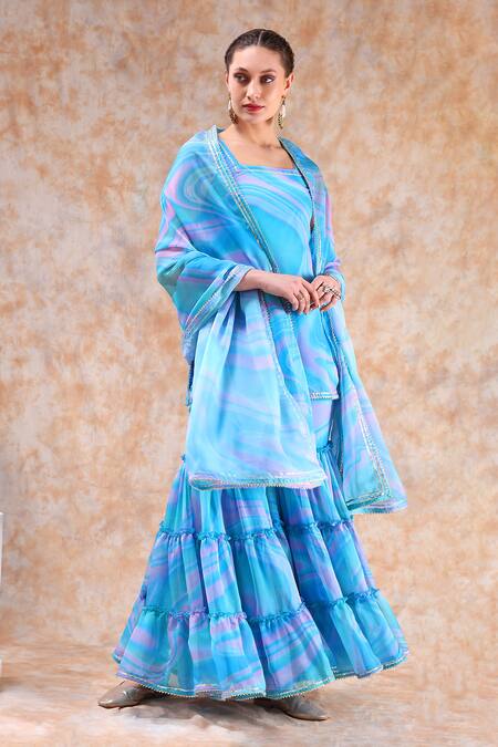 Shop_Pomcha Jaipur_Blue Organza Gota Patti, Cut Work Square Neck Marble Print Kurta Sharara Set 