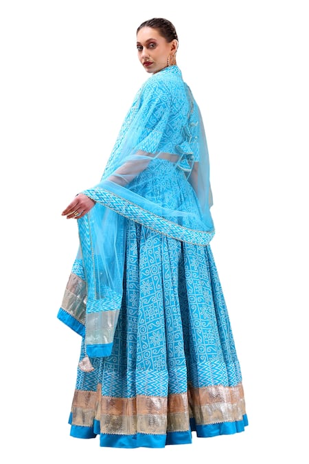 Pomcha Jaipur_Blue Cotton, Net Gota Patti, Embroidery Asymmetric Bandhani Print Lehenga Set _Online_at_Aza_Fashions
