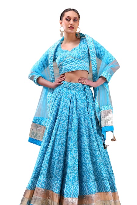 Buy_Pomcha Jaipur_Blue Cotton, Net Gota Patti, Embroidery Asymmetric Bandhani Print Lehenga Set _Online_at_Aza_Fashions