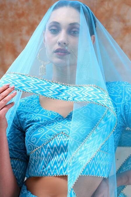 Shop_Pomcha Jaipur_Blue Cotton, Net Gota Patti, Embroidery Asymmetric Bandhani Print Lehenga Set _Online_at_Aza_Fashions
