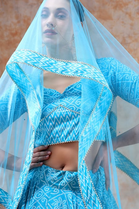 Pomcha Jaipur_Blue Cotton, Net Gota Patti, Embroidery Asymmetric Bandhani Print Lehenga Set _at_Aza_Fashions