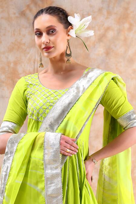 Pomcha Jaipur_Green Cotton, Organza Gota Patti Round Neck Embellished Anarkali Set _Online_at_Aza_Fashions