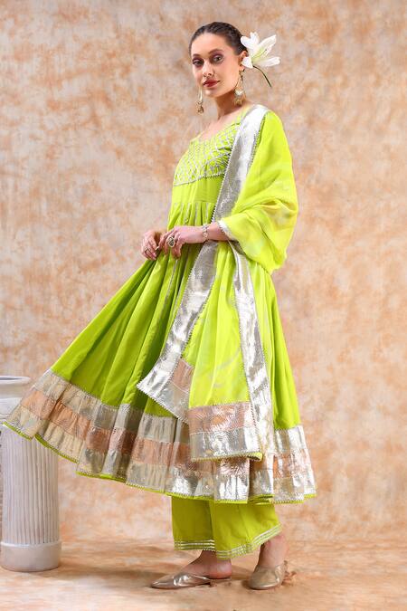 Buy_Pomcha Jaipur_Green Cotton, Organza Gota Patti Round Neck Embellished Anarkali Set _Online_at_Aza_Fashions
