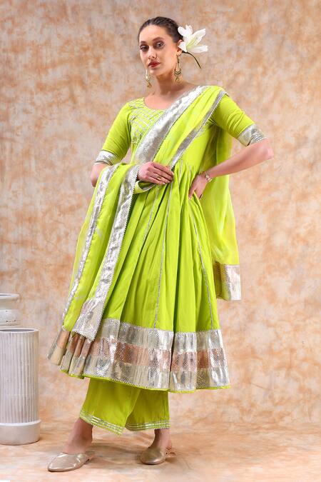 Shop_Pomcha Jaipur_Green Cotton, Organza Gota Patti Round Neck Embellished Anarkali Set _Online_at_Aza_Fashions