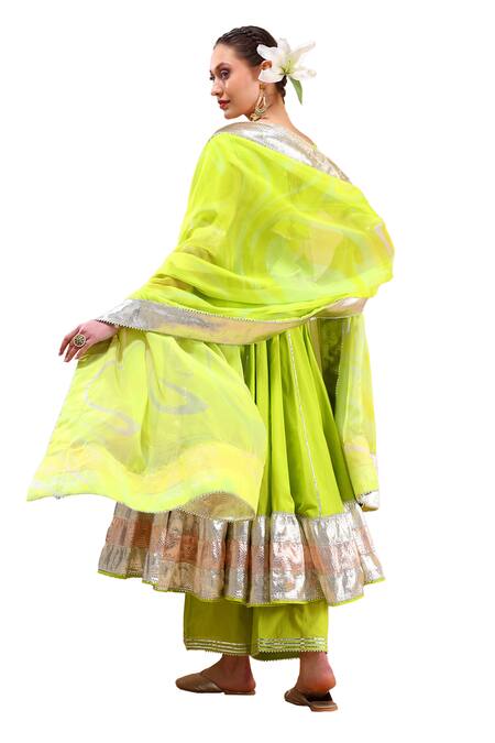 Pomcha Jaipur_Green Cotton, Organza Gota Patti Round Neck Embellished Anarkali Set _at_Aza_Fashions