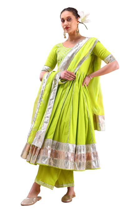 Buy_Pomcha Jaipur_Green Cotton, Organza Gota Patti Round Neck Embellished Anarkali Set 