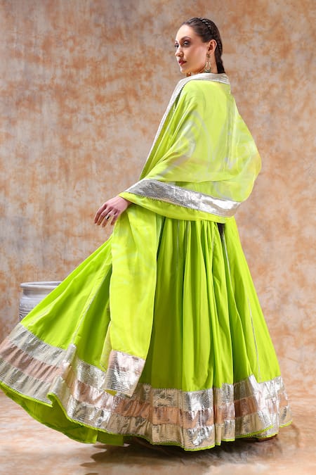 Shop_Pomcha Jaipur_Green Cotton, Organza Gota Patti Round Neck Embellished Lehenga Set _at_Aza_Fashions