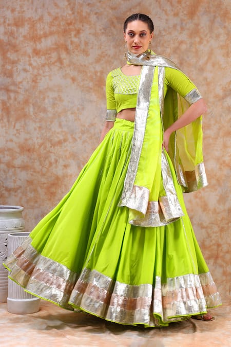 Buy_Pomcha Jaipur_Green Cotton, Organza Gota Patti Round Neck Embellished Lehenga Set _Online_at_Aza_Fashions