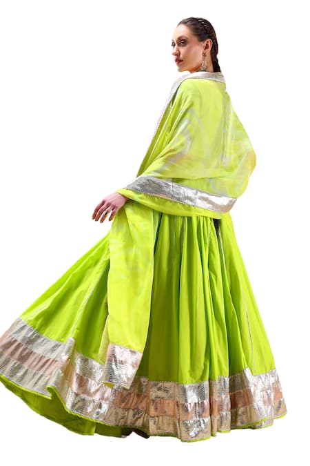 Shop Pomcha Jaipur Green Cotton, Organza Gota Patti Round Neck Embellished Lehenga Set Online at Aza Fashions Shop_Pomcha Jaipur_Green Cotton, Organza Gota Patti Round Neck Embellished Lehenga Set _Online_at_Aza_Fashions