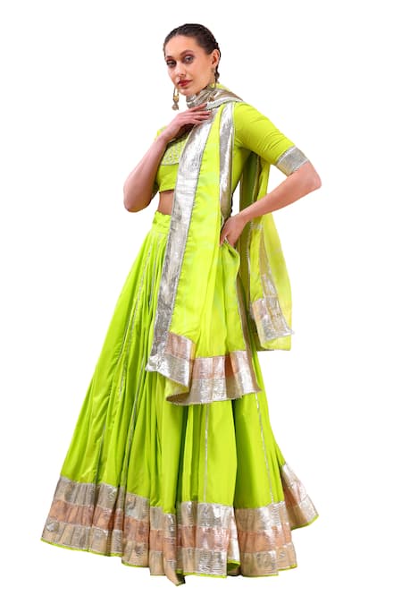 Pomcha Jaipur Green Cotton, Organza Gota Patti Round Neck Embellished Lehenga Set at Aza Fashions Pomcha Jaipur_Green Cotton, Organza Gota Patti Round Neck Embellished Lehenga Set _at_Aza_Fashions