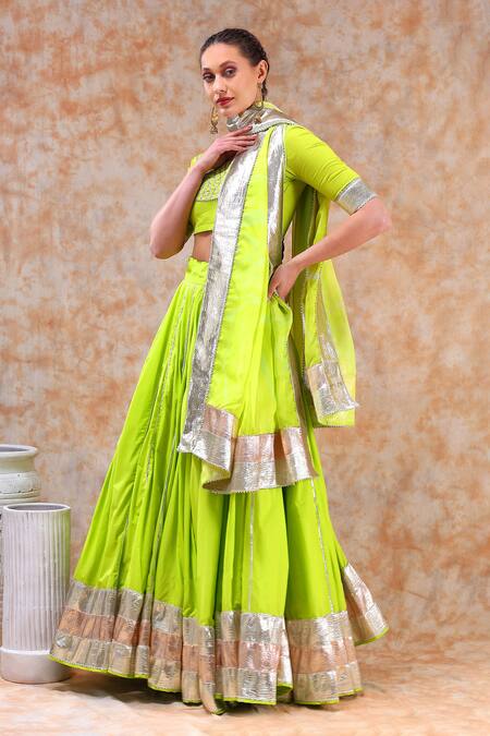 Buy_Pomcha Jaipur_Green Cotton, Organza Gota Patti Round Neck Embellished Lehenga Set 