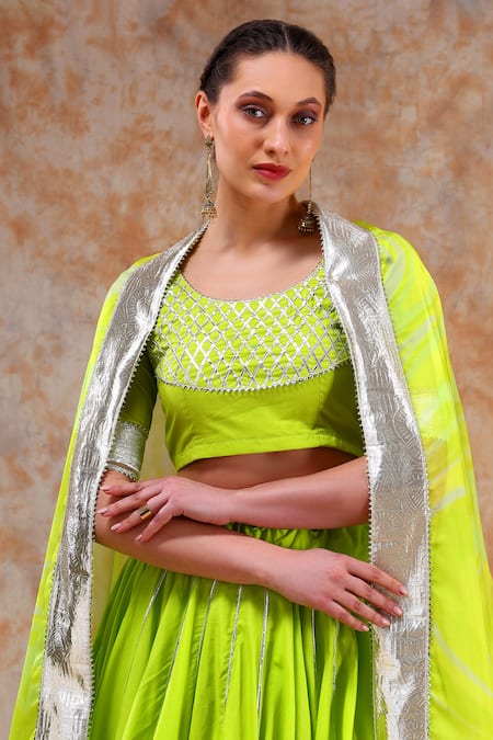 Shop_Pomcha Jaipur_Green Cotton, Organza Gota Patti Round Neck Embellished Lehenga Set 