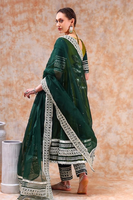 Shop_Pomcha Jaipur_Green Organza, Cotton Gota Patti V-neck Embellished Anarkali Pant Set _at_Aza_Fashions
