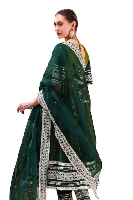 Pomcha Jaipur Green Organza, Cotton Gota Patti V-neck Embellished Anarkali Pant Set Online at Aza Fashions Pomcha Jaipur_Green Organza, Cotton Gota Patti V-neck Embellished Anarkali Pant Set _Online_at_Aza_Fashions