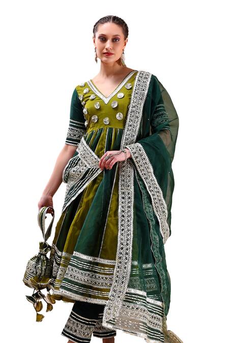 Buy Pomcha Jaipur Green Organza, Cotton Gota Patti V-neck Embellished Anarkali Pant Set Online at Aza Fashions Buy_Pomcha Jaipur_Green Organza, Cotton Gota Patti V-neck Embellished Anarkali Pant Set _Online_at_Aza_Fashions