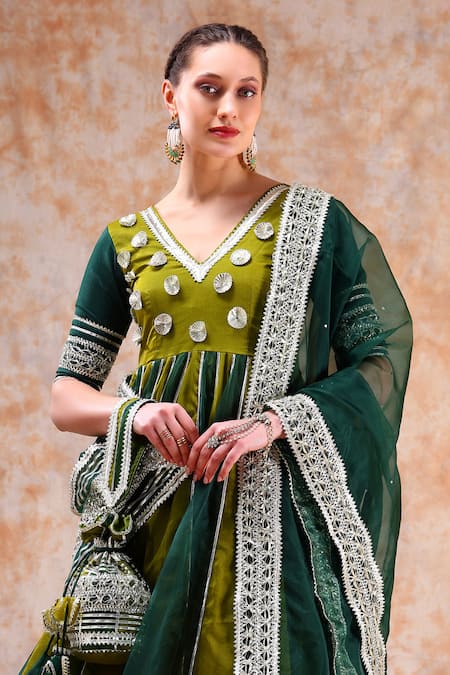 Shop_Pomcha Jaipur_Green Organza, Cotton Gota Patti V-neck Embellished Anarkali Pant Set _Online_at_Aza_Fashions
