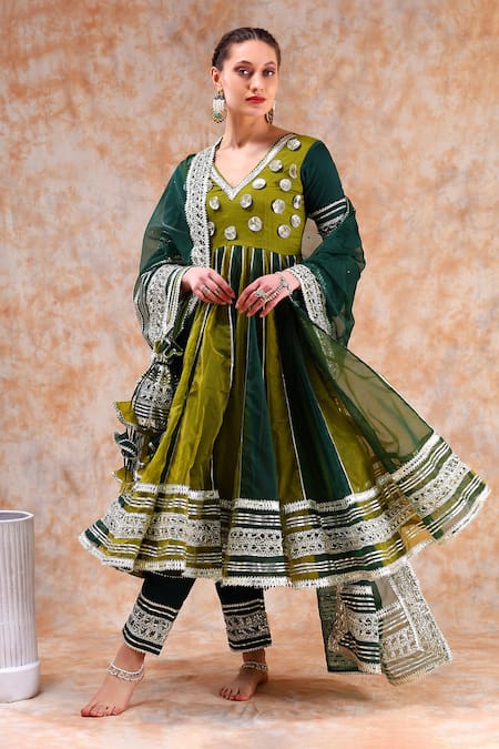 Pomcha Jaipur_Green Organza, Cotton Gota Patti V-neck Embellished Anarkali Pant Set _at_Aza_Fashions
