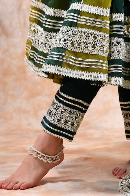 Shop_Pomcha Jaipur_Green Organza, Cotton Gota Patti V-neck Embellished Anarkali Pant Set 