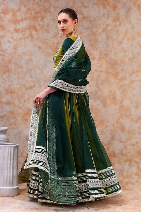 Shop_Pomcha Jaipur_Green Organza, Cotton Gota Patti Sweetheart Neck Stripe Embellished Lehenga Set _at_Aza_Fashions