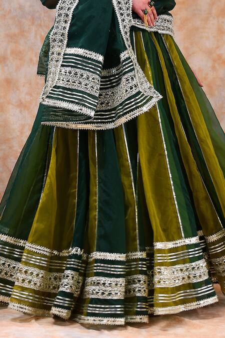 Pomcha Jaipur Green Organza, Cotton Gota Patti Sweetheart Neck Stripe Embellished Lehenga Set Online at Aza Fashions Pomcha Jaipur_Green Organza, Cotton Gota Patti Sweetheart Neck Stripe Embellished Lehenga Set _Online_at_Aza_Fashions