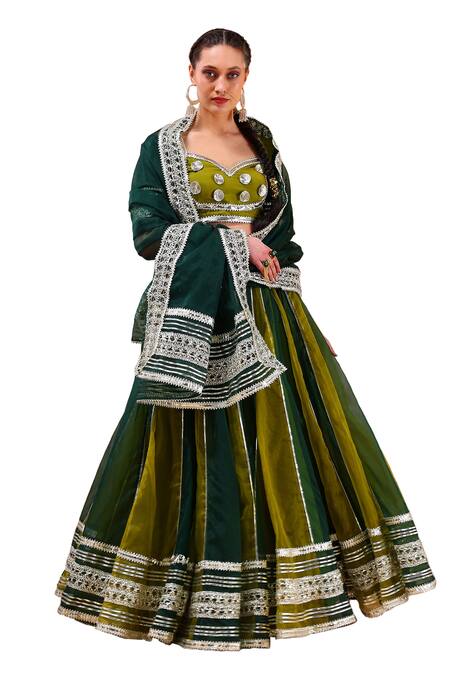 Buy Pomcha Jaipur Green Organza, Cotton Gota Patti Sweetheart Neck Stripe Embellished Lehenga Set Online at Aza Fashions Buy_Pomcha Jaipur_Green Organza, Cotton Gota Patti Sweetheart Neck Stripe Embellished Lehenga Set _Online_at_Aza_Fashions