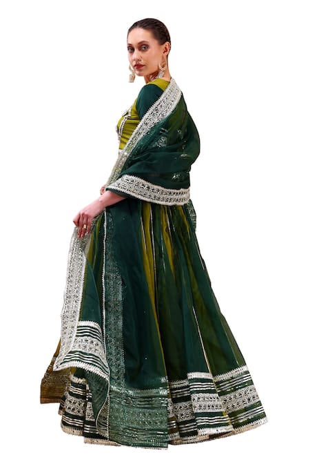 Shop Pomcha Jaipur Green Organza, Cotton Gota Patti Sweetheart Neck Stripe Embellished Lehenga Set Online at Aza Fashions Shop_Pomcha Jaipur_Green Organza, Cotton Gota Patti Sweetheart Neck Stripe Embellished Lehenga Set _Online_at_Aza_Fashions