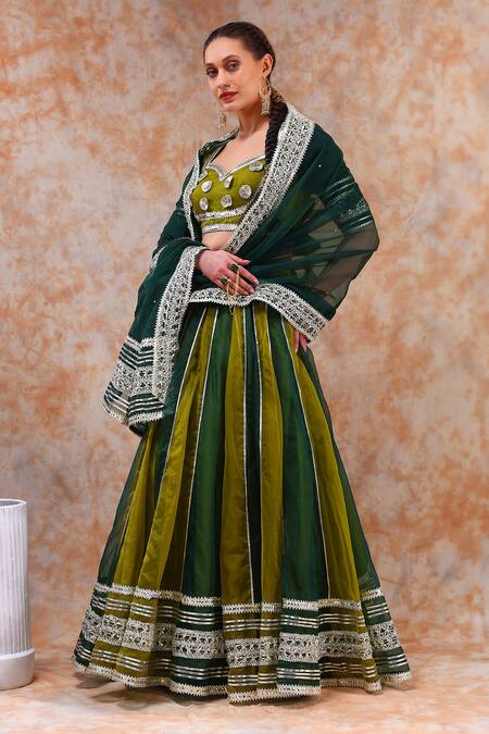 Pomcha Jaipur_Green Organza, Cotton Gota Patti Sweetheart Neck Stripe Embellished Lehenga Set _at_Aza_Fashions
