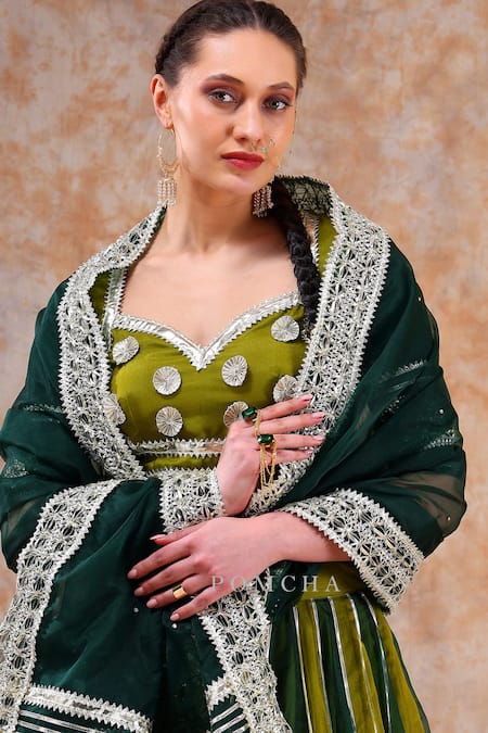 Buy_Pomcha Jaipur_Green Organza, Cotton Gota Patti Sweetheart Neck Stripe Embellished Lehenga Set 