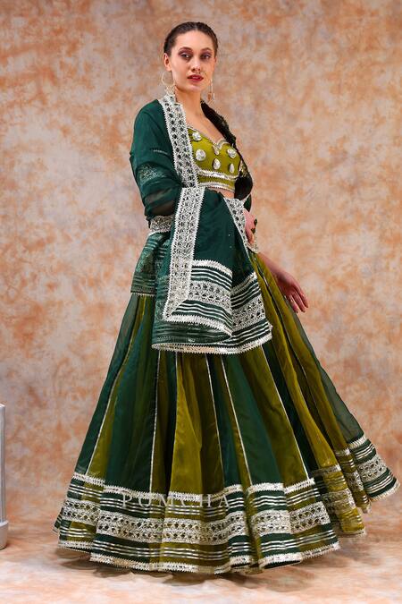 Shop Pomcha Jaipur Green Organza, Cotton Gota Patti Sweetheart Neck Stripe Embellished Lehenga Set Shop_Pomcha Jaipur_Green Organza, Cotton Gota Patti Sweetheart Neck Stripe Embellished Lehenga Set