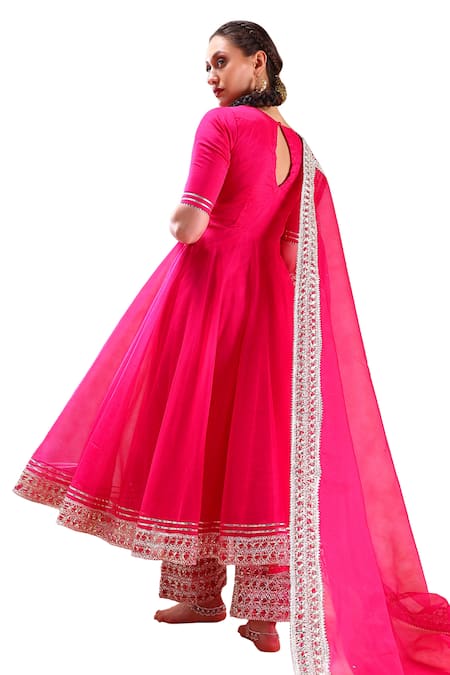Pomcha Jaipur_Pink Organza, Cotton Gota Patti V-neck Border Embellished Anarkali Set _Online_at_Aza_Fashions