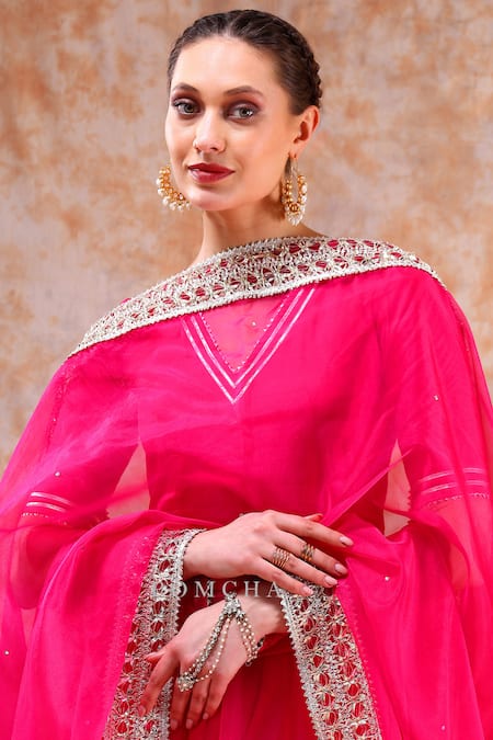 Shop_Pomcha Jaipur_Pink Organza, Cotton Gota Patti V-neck Border Embellished Anarkali Set _Online_at_Aza_Fashions