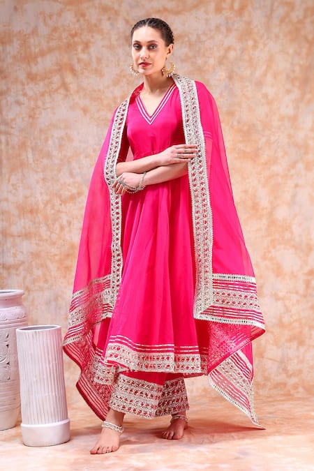 Pomcha Jaipur_Pink Organza, Cotton Gota Patti V-neck Border Embellished Anarkali Set _at_Aza_Fashions