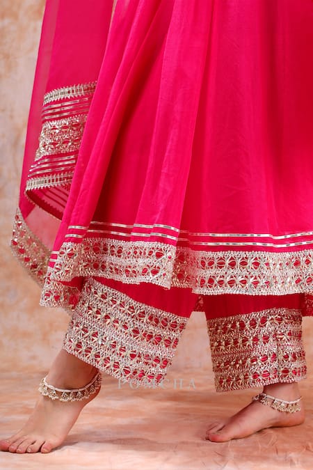Shop_Pomcha Jaipur_Pink Organza, Cotton Gota Patti V-neck Border Embellished Anarkali Set 