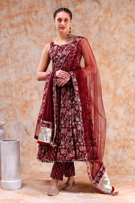 POMCHA JAIPUR Maroon Anarkali And Pant Cotton Printed Floral Square Neck Set