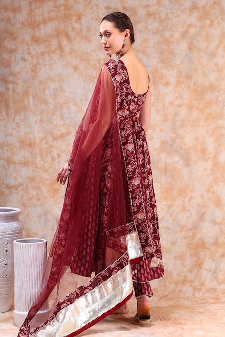 Shop_Pomcha Jaipur_Maroon Cotton, Organza Gota Patti, Embroidery Square Floral Print Anarkali Set _at_Aza_Fashions