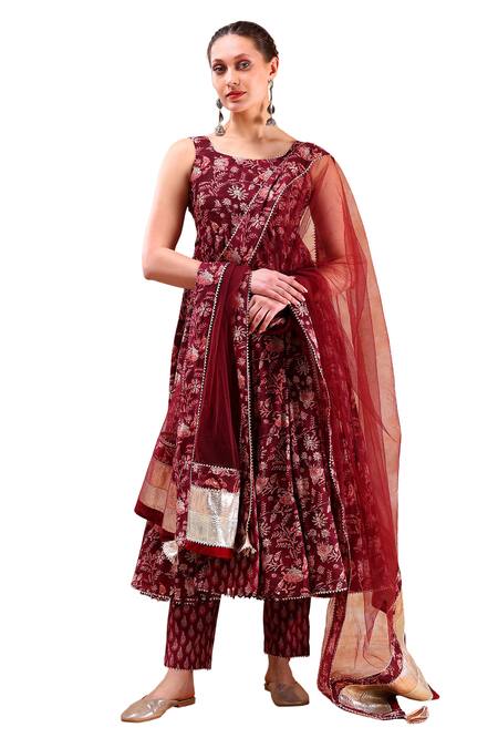 Shop Pomcha Jaipur Maroon Cotton, Organza Gota Patti, Embroidery Square Floral Print Anarkali Set Online at Aza Fashions Shop_Pomcha Jaipur_Maroon Cotton, Organza Gota Patti, Embroidery Square Floral Print Anarkali Set _Online_at_Aza_Fashions