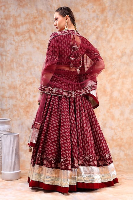 Shop_Pomcha Jaipur_Maroon Cotton, Organza Gota Patti, Embroidery Boat Neck Flower Print Lehenga Set _at_Aza_Fashions