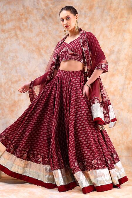 Buy_Pomcha Jaipur_Maroon Cotton, Organza Gota Patti, Embroidery Boat Neck Flower Print Lehenga Set _Online_at_Aza_Fashions