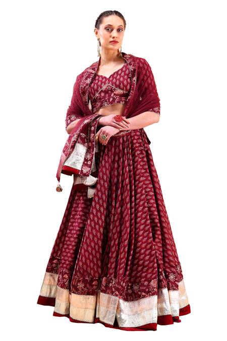 Shop Pomcha Jaipur Maroon Cotton, Organza Gota Patti, Embroidery Boat Neck Flower Print Lehenga Set Online at Aza Fashions Shop_Pomcha Jaipur_Maroon Cotton, Organza Gota Patti, Embroidery Boat Neck Flower Print Lehenga Set _Online_at_Aza_Fashions