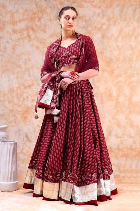Pomcha Jaipur_Maroon Cotton, Organza Gota Patti, Embroidery Boat Neck Flower Print Lehenga Set _at_Aza_Fashions
