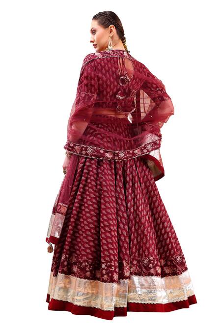 Buy Pomcha Jaipur Maroon Cotton, Organza Gota Patti, Embroidery Boat Neck Flower Print Lehenga Set Buy_Pomcha Jaipur_Maroon Cotton, Organza Gota Patti, Embroidery Boat Neck Flower Print Lehenga Set