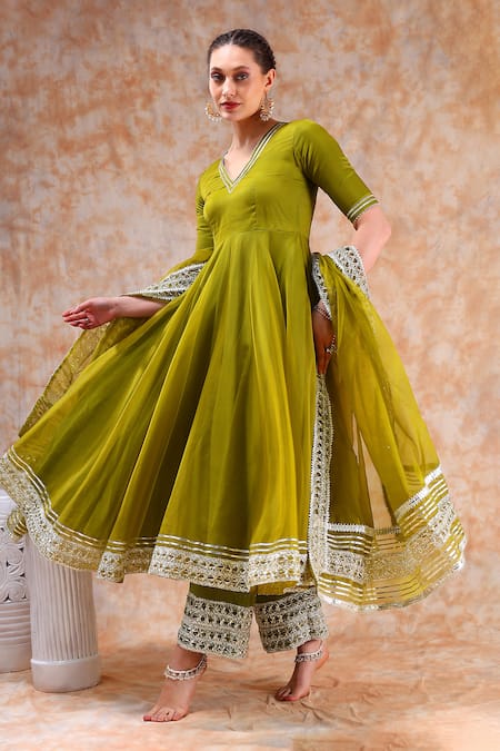 Shop_Pomcha Jaipur_Green Organza Gota Patti V-neck Lace Border Embellished Anarkali Set _Online_at_Aza_Fashions