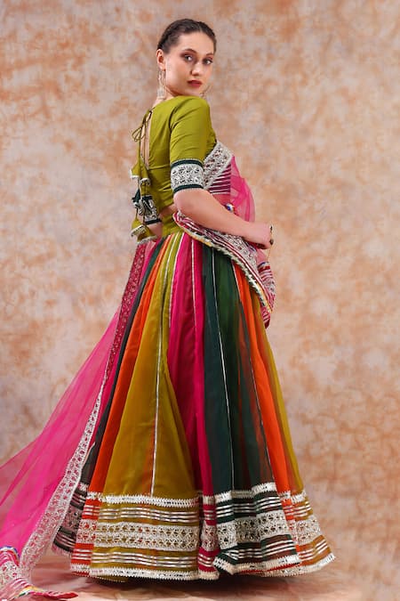 Shop_Pomcha Jaipur_Multi Color Organza Gota Patti Asymmetric Embellished Lehenga Set _at_Aza_Fashions