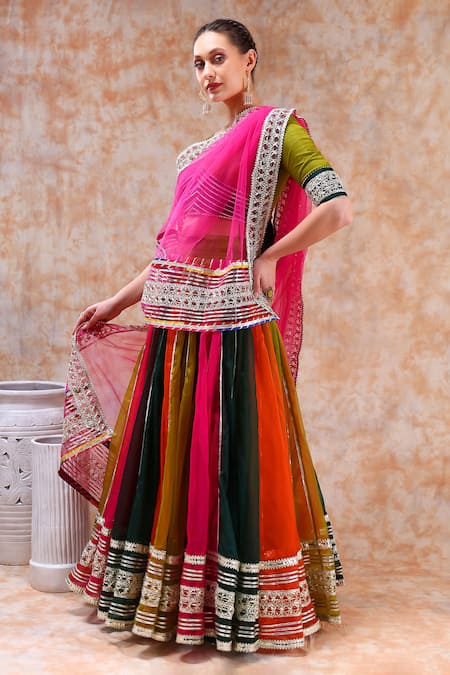 Pomcha Jaipur_Multi Color Organza Gota Patti Asymmetric Embellished Lehenga Set _Online_at_Aza_Fashions